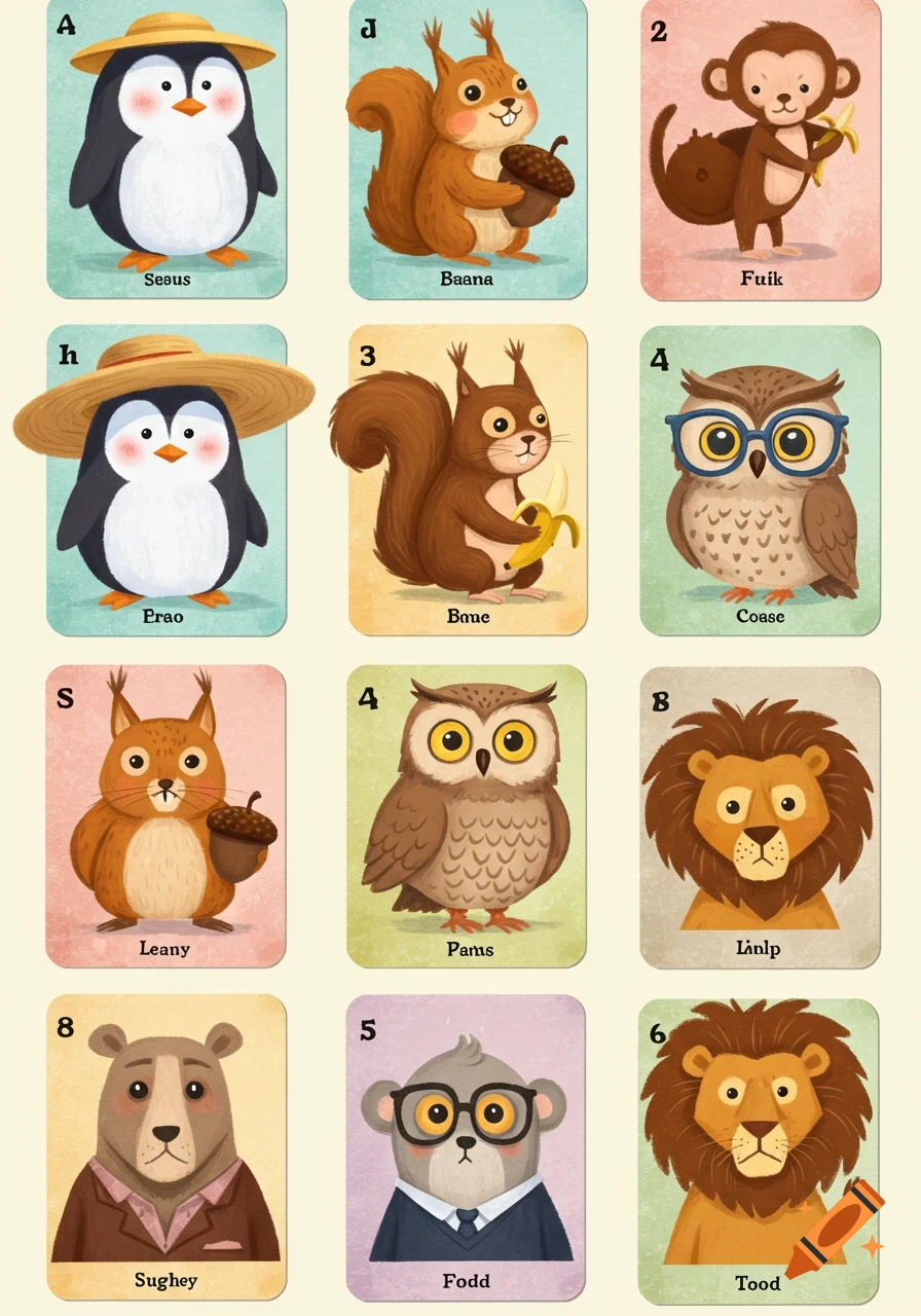 A grid of playing cards featuring cartoon animals like penguins, squirrels, monkeys, owls, bears, and lions, each with a unique name or letter/number.