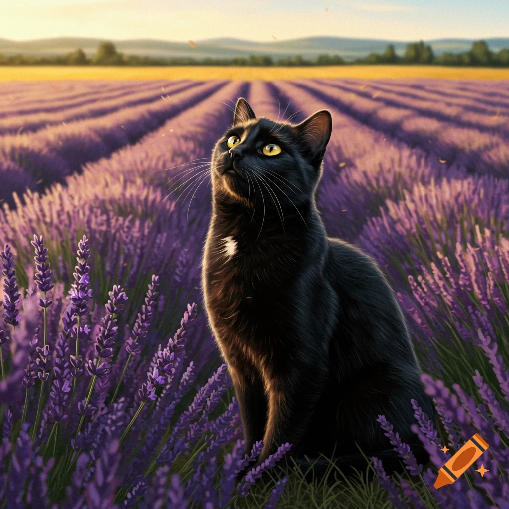 A black cat with yellow eyes sits in a vibrant purple lavender field, looking up at the golden sky. Photorealistic.