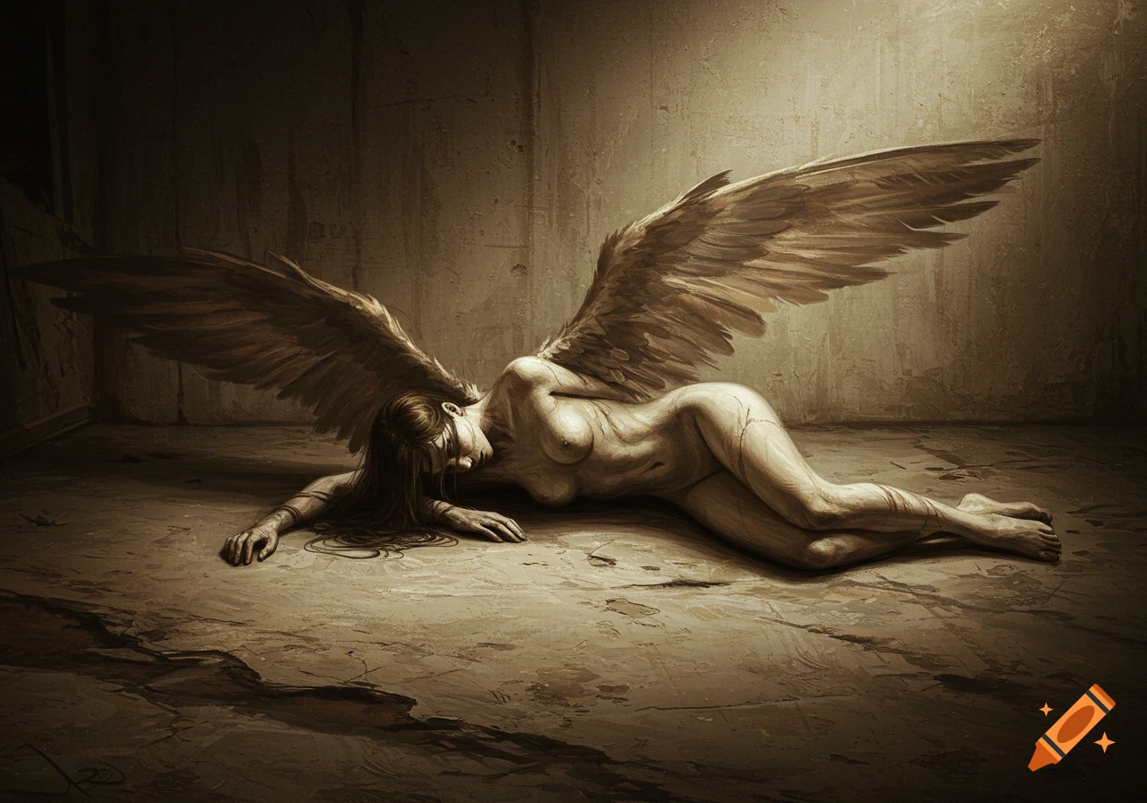 An oil painting in the style of Zdzisław Beksiński depicts a fallen, half-decomposed female angel lying on a concrete floor.