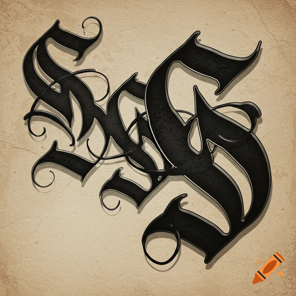 Three black gothic calligraphy 'S' letters overlapping on a textured beige background.