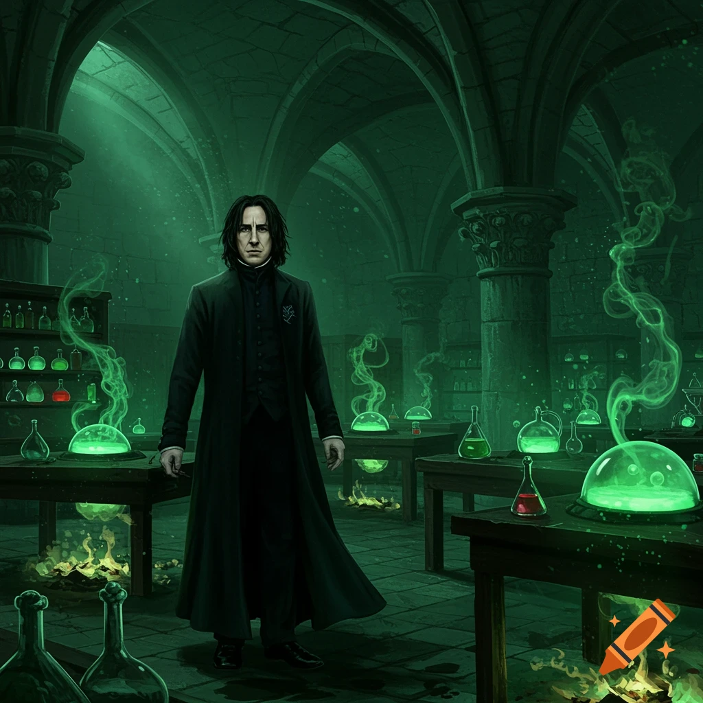 Severus Snape stands in a dimly lit, green-hued potions dungeon with glowing beakers and bubbling cauldrons on tables.