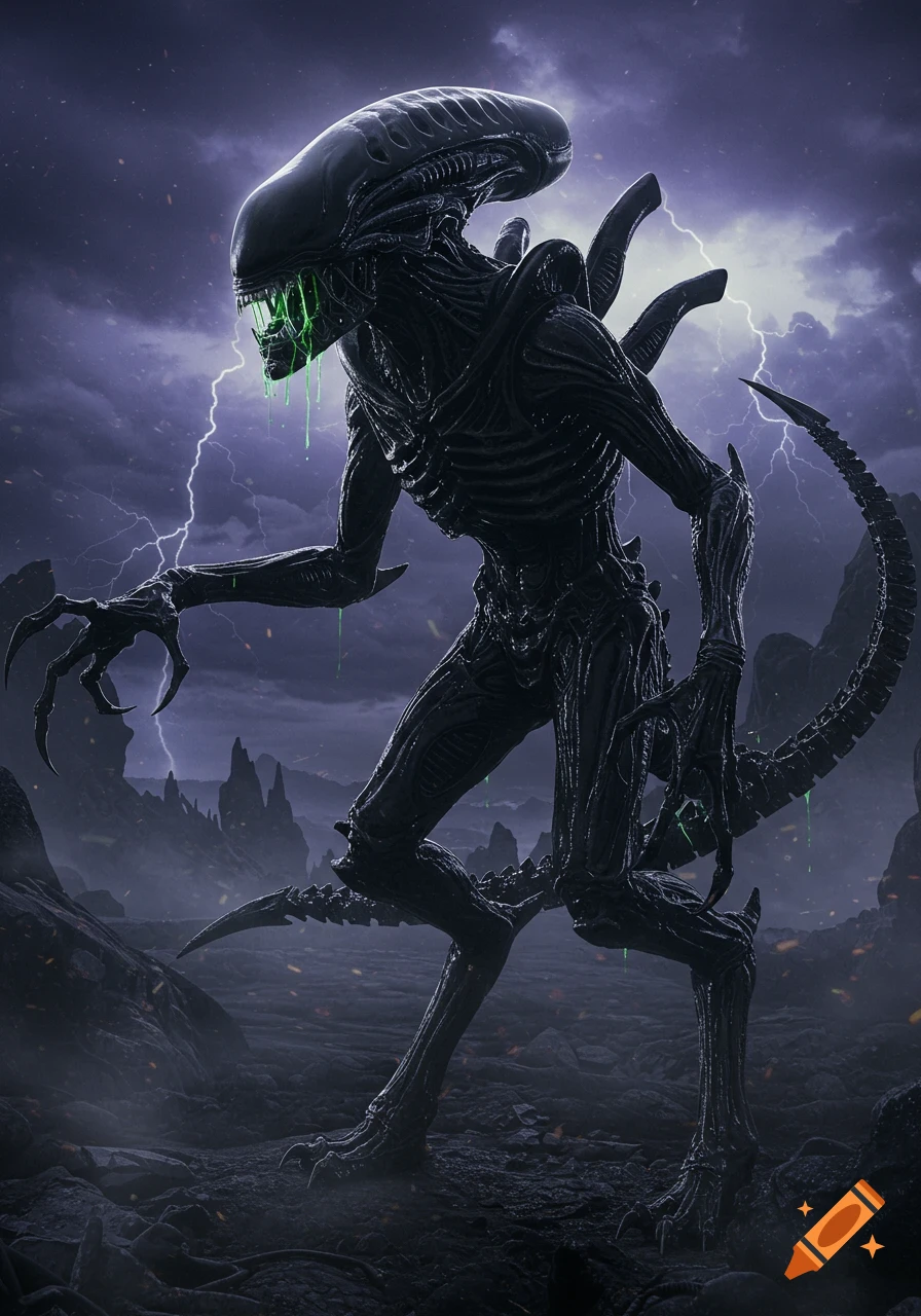 Photorealistic Xenomorph alien, dripping green acid, stands in a stormy, lightning-lit rocky alien landscape.
