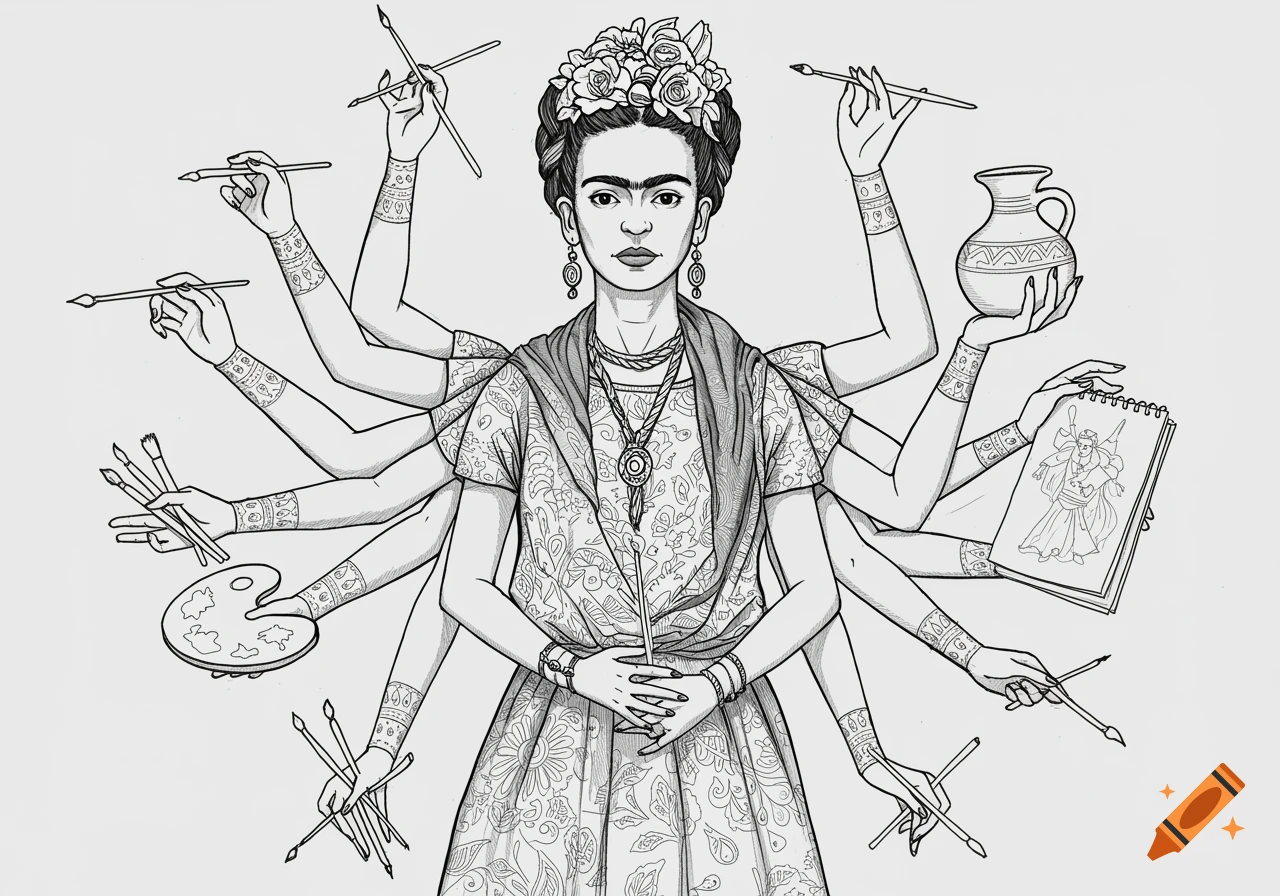 A black and white line drawing of Frida Kahlo with multiple arms like a Hindu goddess, holding various art supplies including paintbrushes, a palette, a jar, and a sketchpad.