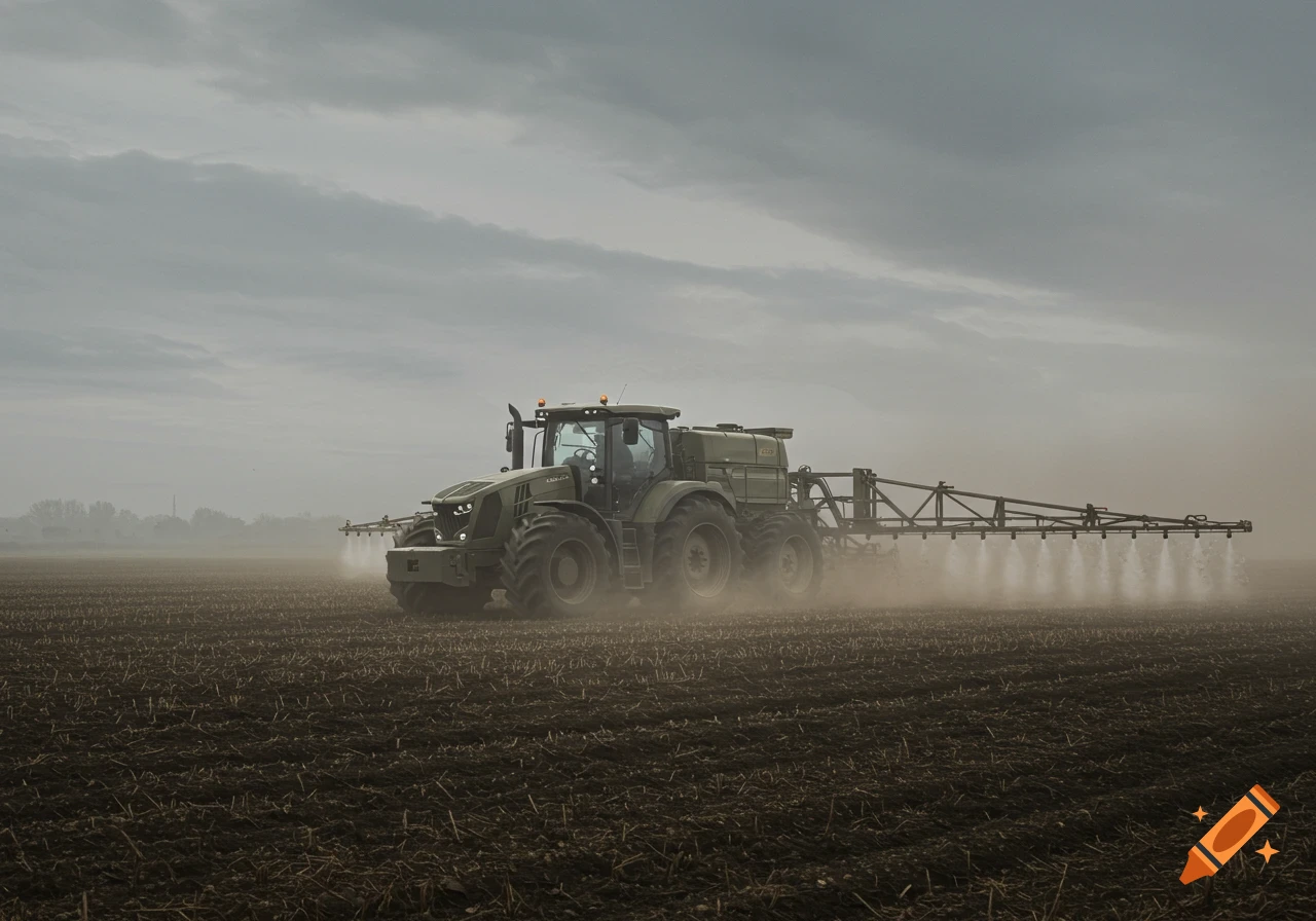 A photorealistic green tractor sprays a dry field under a cloudy sky, with mist rising from the ground.