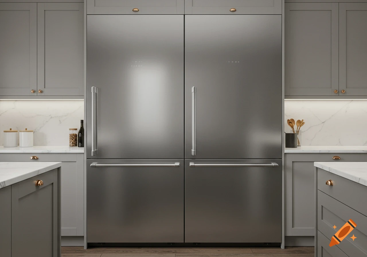 A large stainless steel four-door refrigerator integrated into grey kitchen cabinetry with marble countertops.