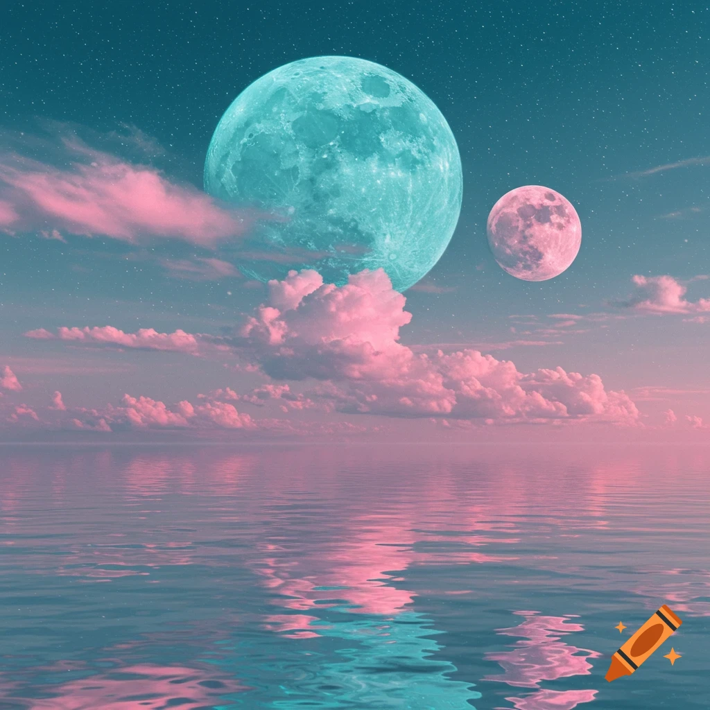 A surreal landscape with a large teal moon and a small pink moon in a starry sky above a body of water reflecting pink clouds and the sky.
