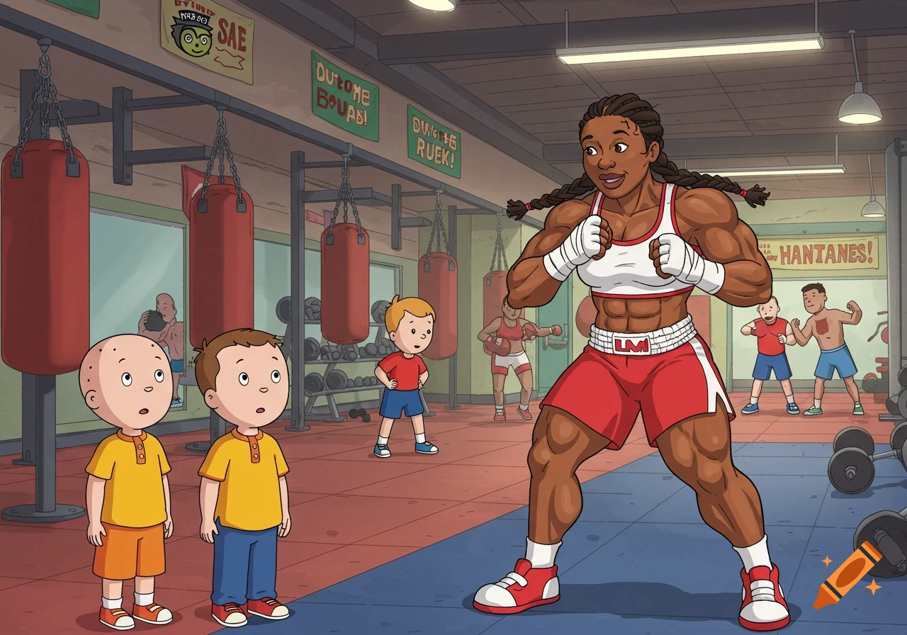 Cartoon of Caillou and his sister Rosie watching a muscular female boxer pose in a gym with punching bags and weights.