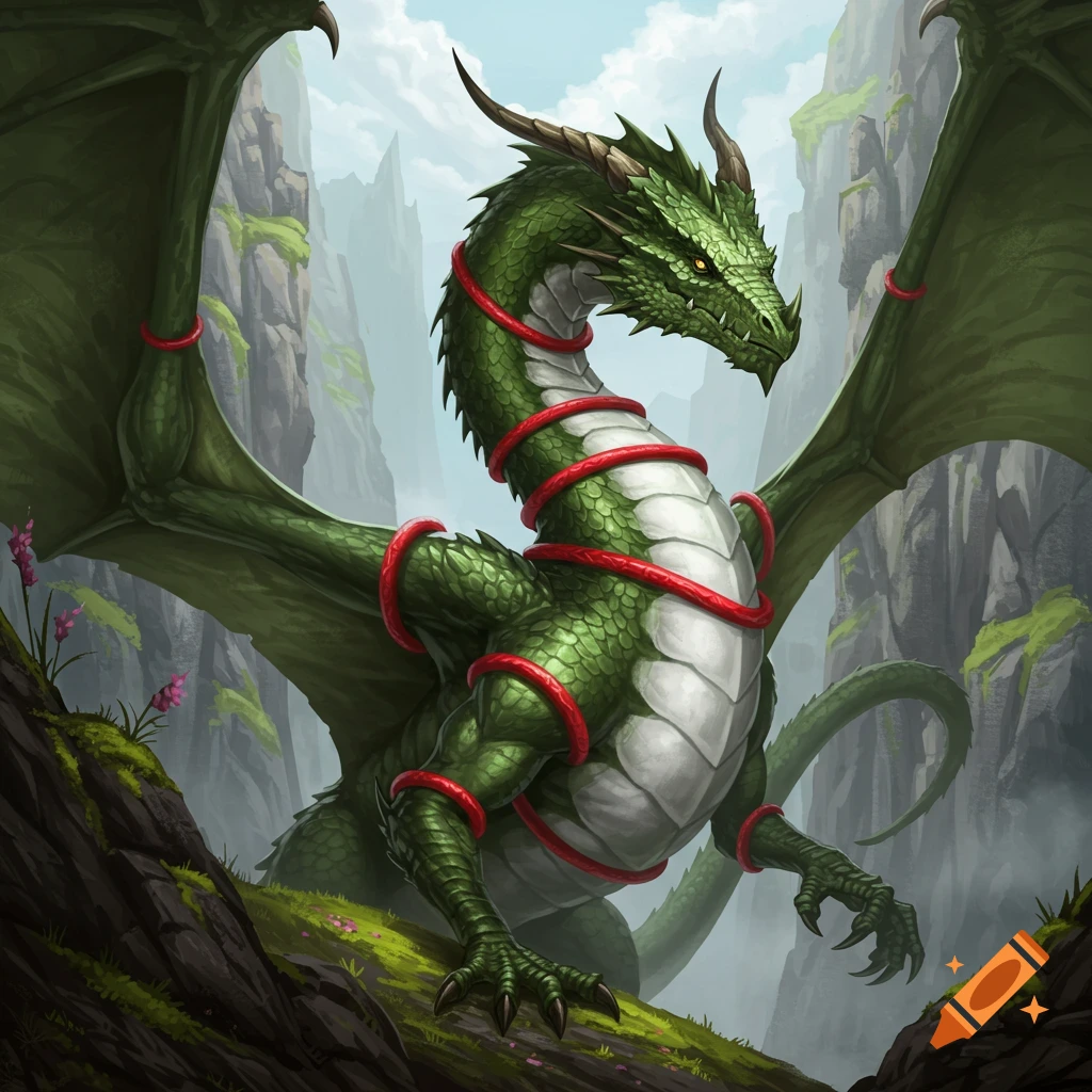 A majestic green dragon with red rings and a white belly stands on a mossy mountain ledge.