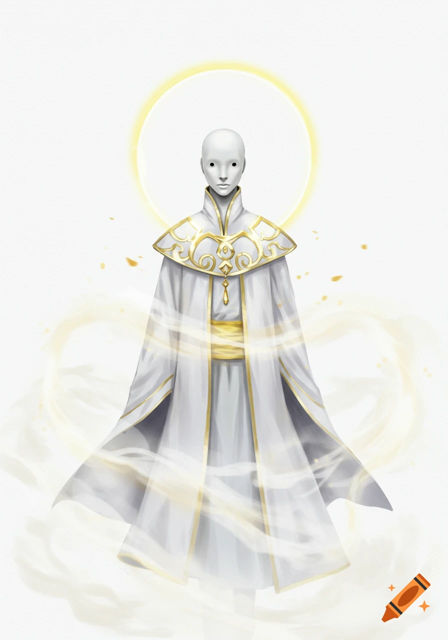 A mysterious humanoid figure with a featureless white face, wearing a flowing white and gold cloak, surrounded by a glowing halo and mist.