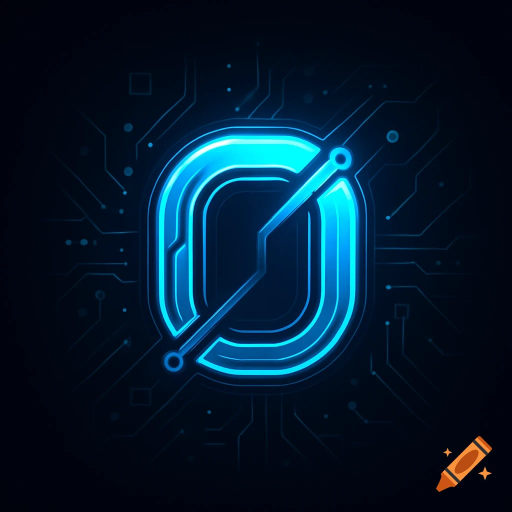 Glowing blue futuristic abstract logo resembling a slashed O or zero on a dark circuit board background.