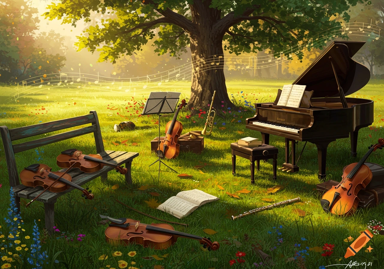 An idyllic park scene bathed in golden light, featuring various musical instruments including a grand piano, violins, a trumpet, and a flute, surrounded by blooming wildflowers and a large tree with musical notes floating in the air.