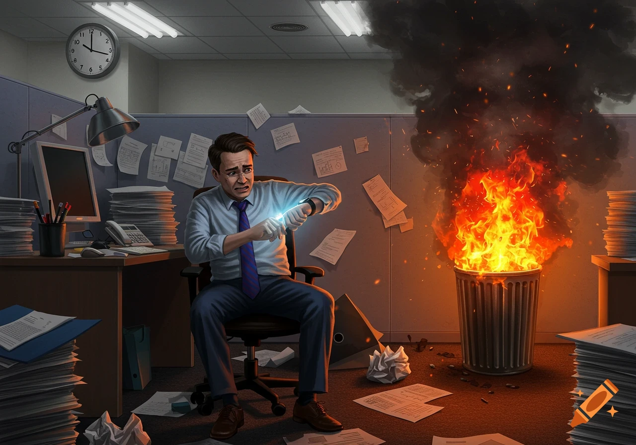 A stressed man in an office cubicle stares at his glowing wrist, while a trash can behind him is engulfed in flames and smoke. Papers are scattered everywhere in the stylized illustration.
