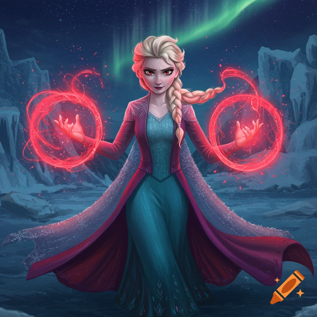 Elsa, with dark red eyes and a menacing expression, conjures red magical energy in swirling orbs, standing in a snowy landscape under a green aurora.