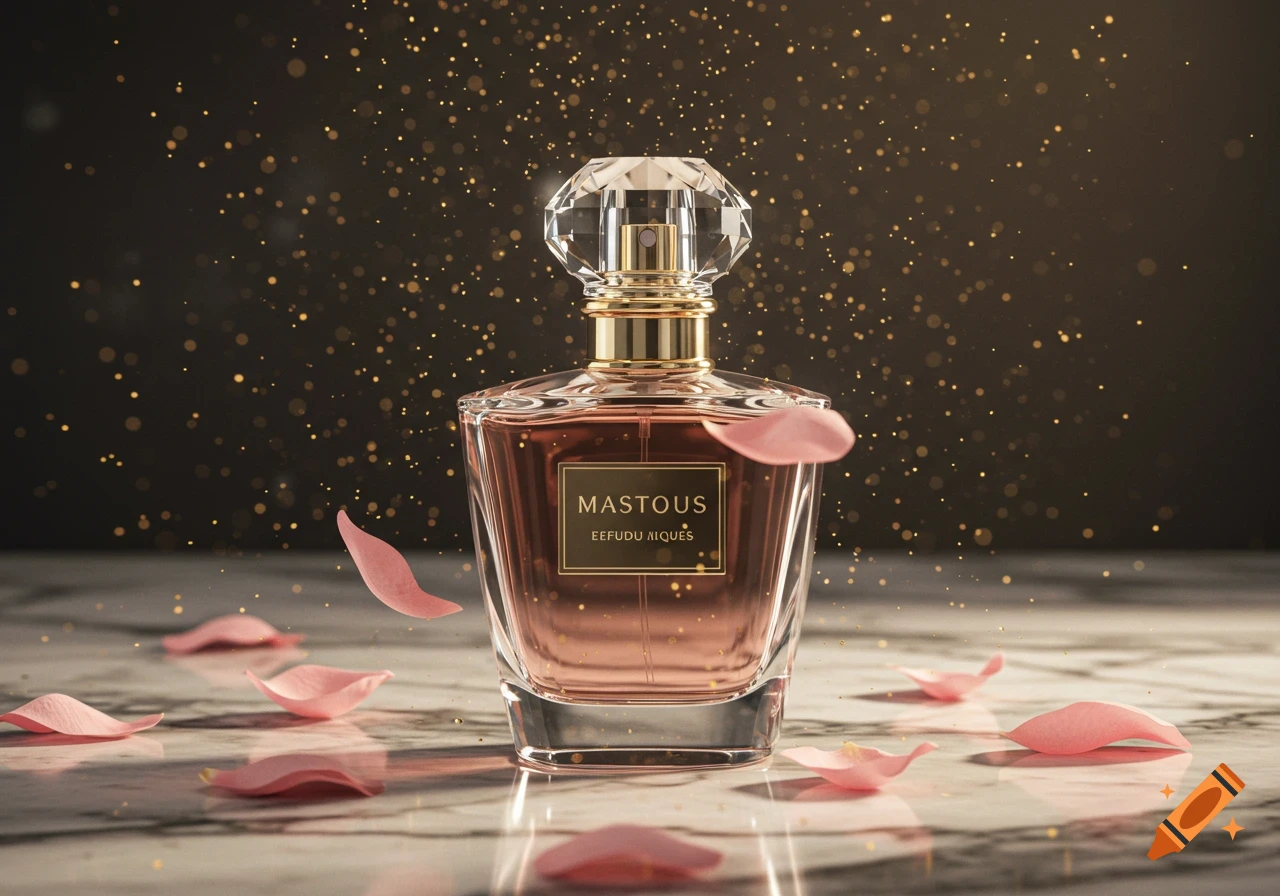 A luxurious perfume bottle with a crystal cap and gold details on a marble surface, surrounded by pink rose petals and golden sparkles.