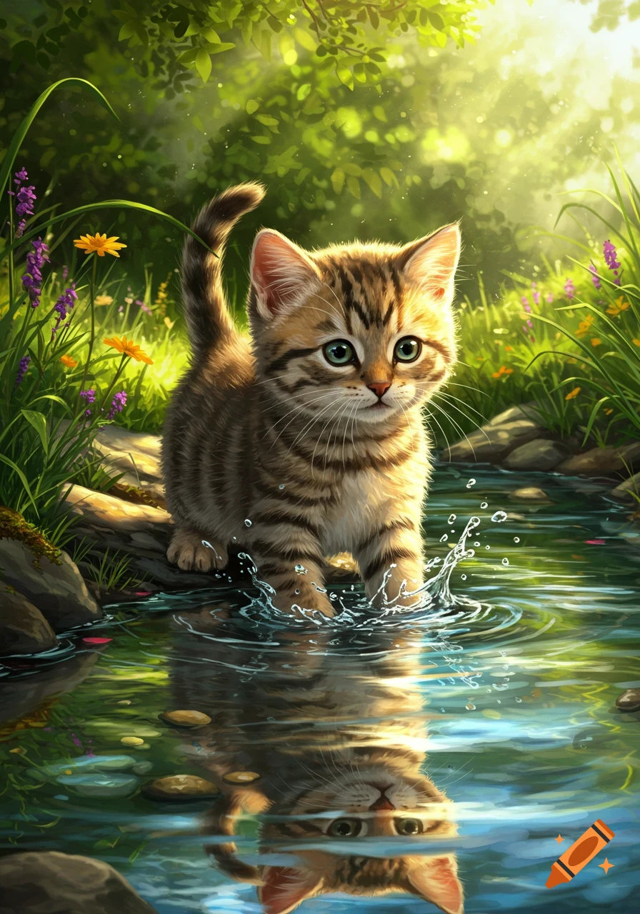 A cute tabby kitten with green eyes steps into a sunlit stream, splashing water, surrounded by vibrant green foliage and flowers in a digital art style.