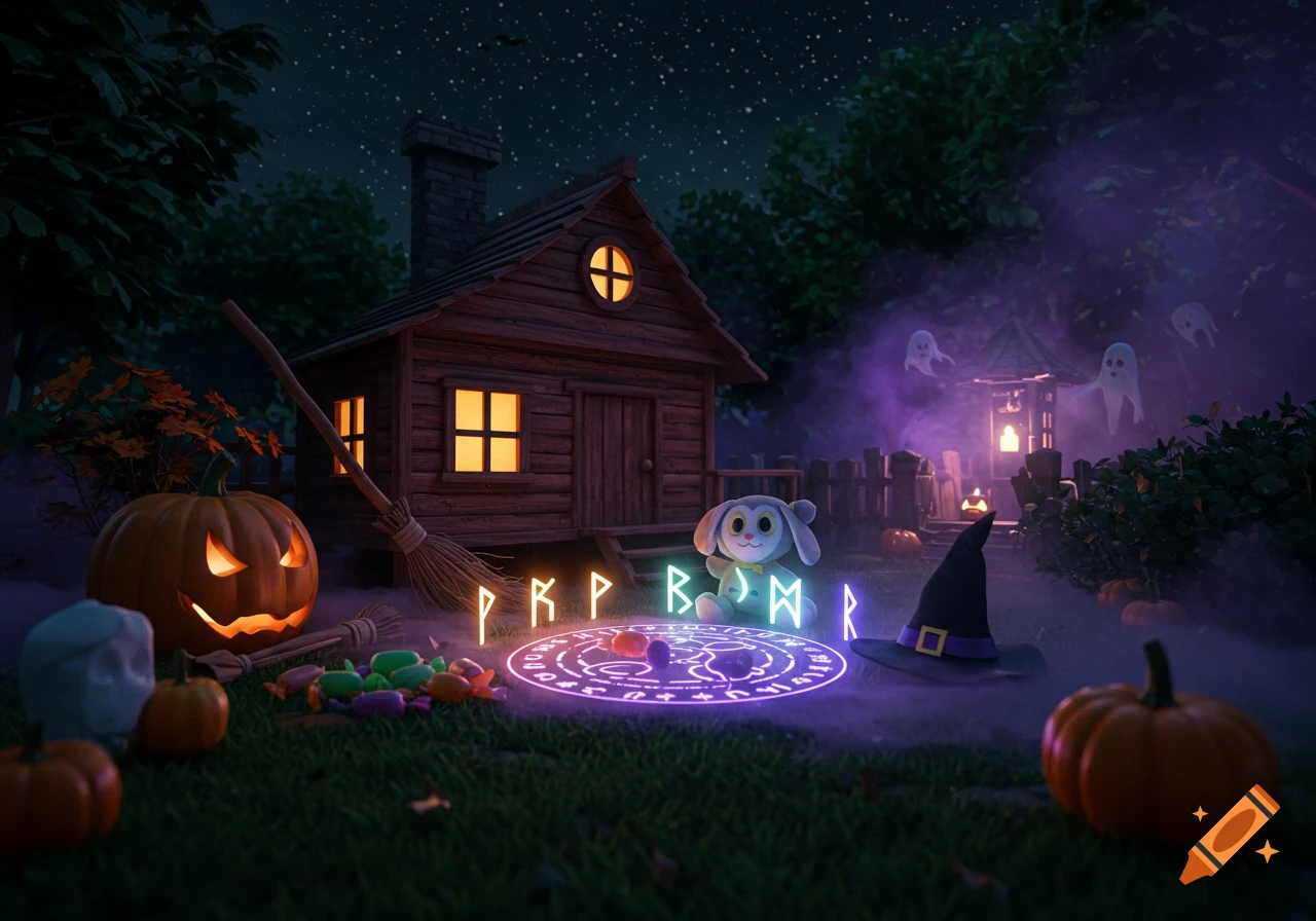 A spooky Halloween night scene with a glowing jack-o'-lantern, a cabin with lit windows, ghosts in purple mist, and a plush toy surrounded by glowing runes.