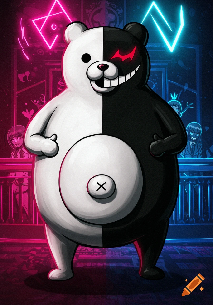 Monokuma, a half-black, half-white bear, stands with a large round belly in a neon-lit room with shadowy figures in the background, in anime style.