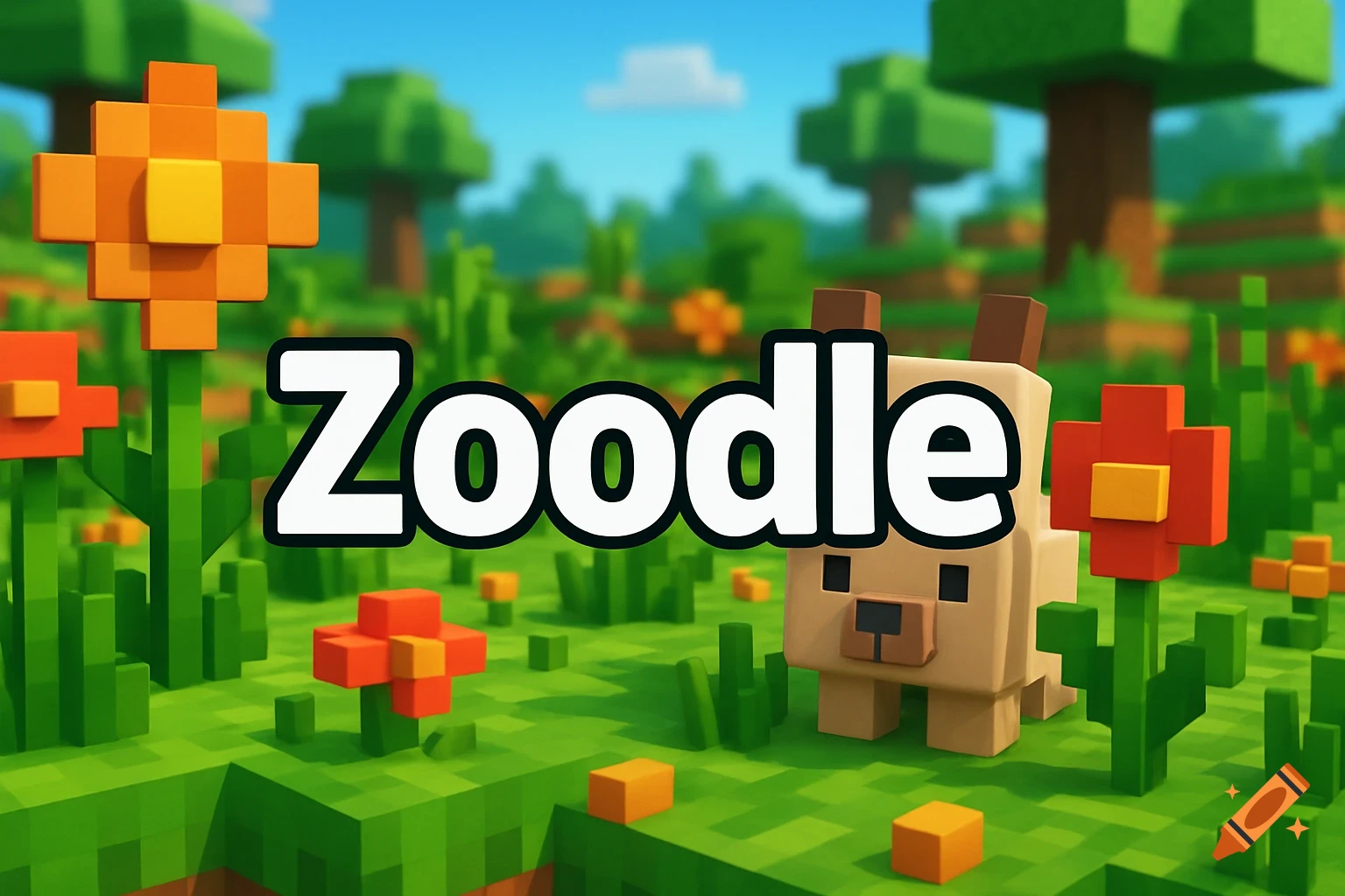 Blocky cartoon landscape with a small dog and flowers, featuring the word 'Zoodle' in large white letters.