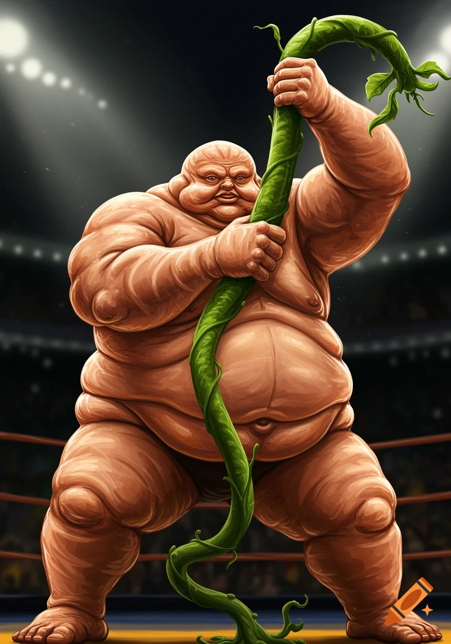 A very corpulent, pale, wrestler-like figure stands in a ring, holding a thick green vine above its head. Stylized illustration.