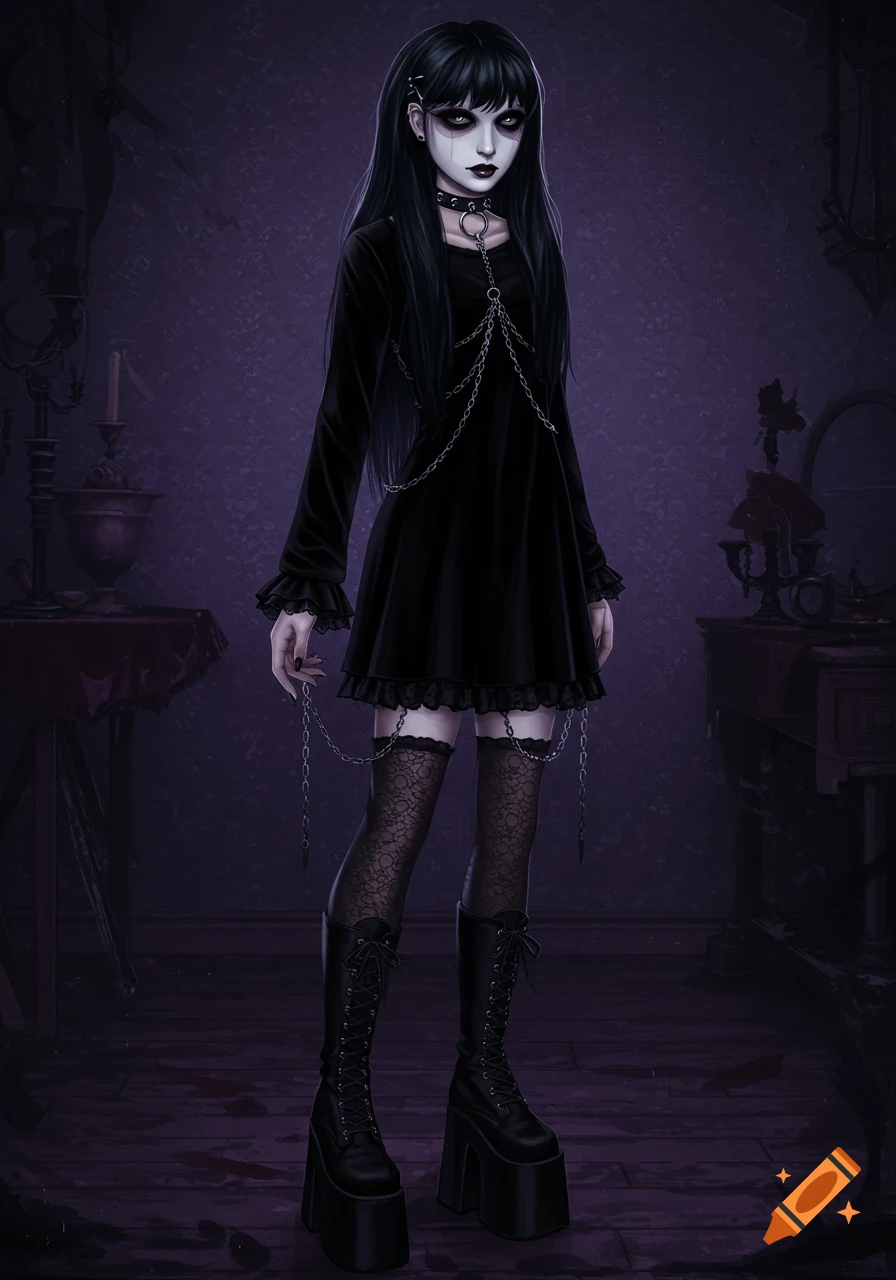 A full-body portrait of a gothic woman with long black hair, pale skin, dark makeup, wearing a black dress, choker, chains, lace stockings, and platform boots in a dark room.