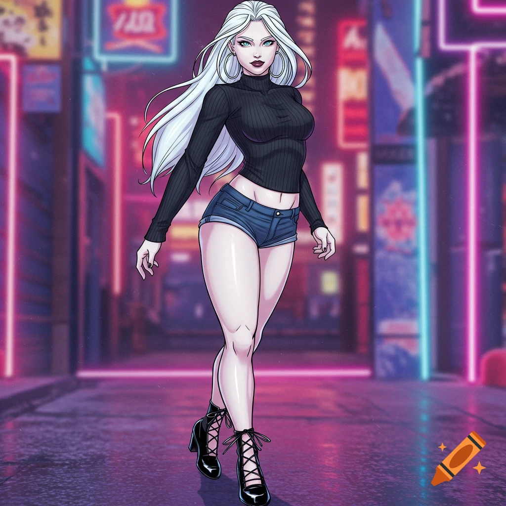 A white-haired woman with blue eyes wears a black ribbed top, denim shorts, and black lace-up heels on a neon-lit city street at night in comic art style.