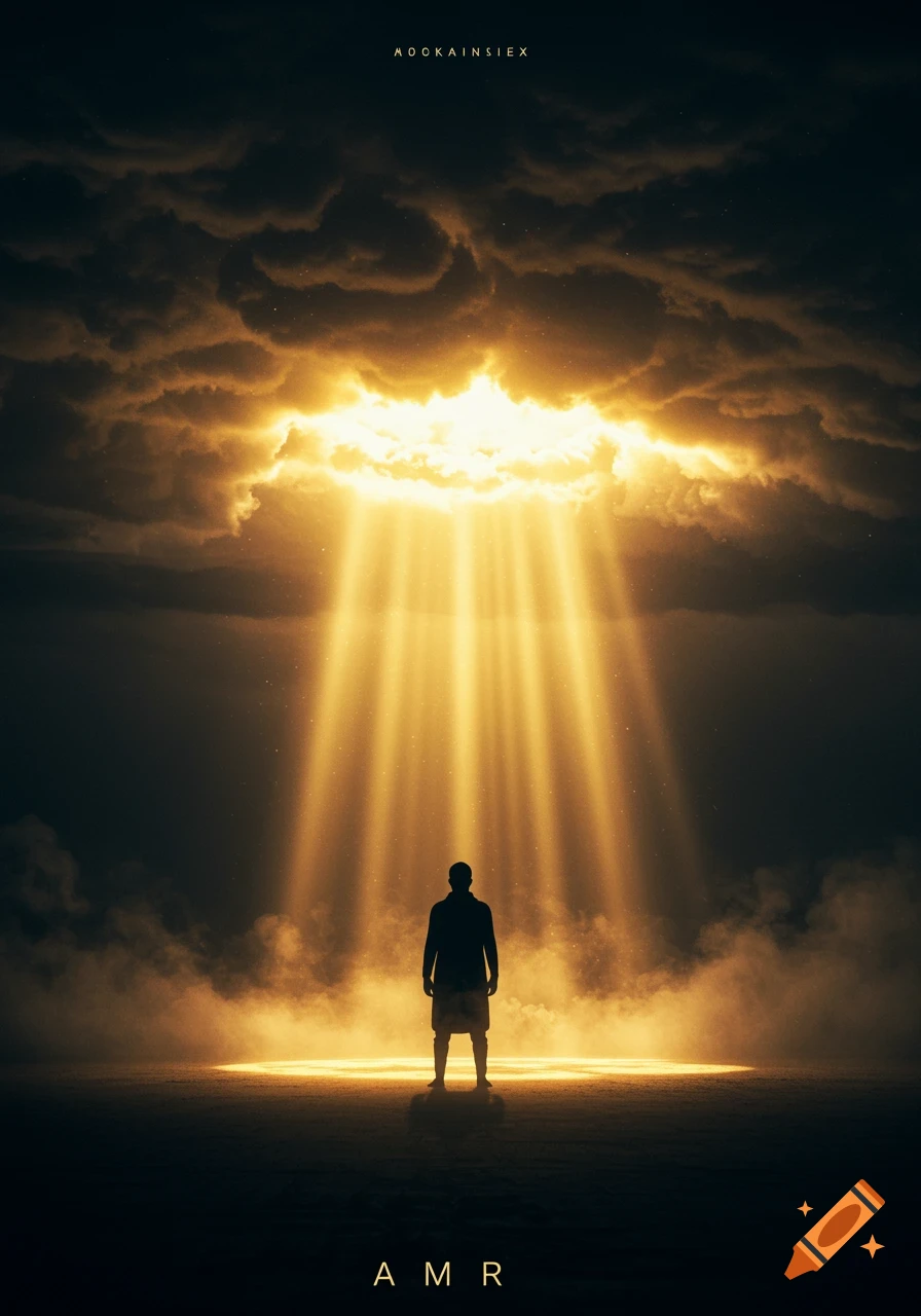 A silhouette of a person stands on dark ground, looking up at a bright, glowing hole in dark clouds with golden light rays beaming down.