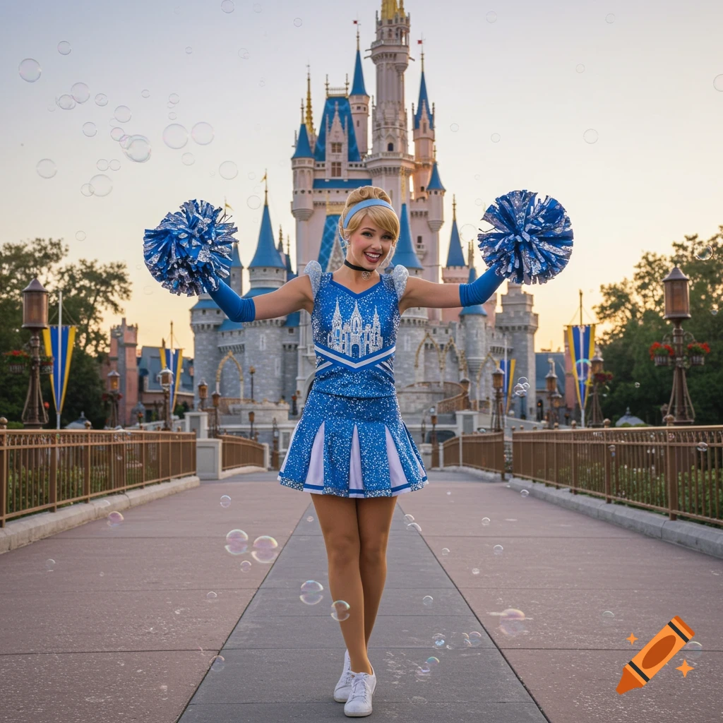 Cinderella in a blue cheerleader outfit with pom-poms smiles in front of Cinderella Castle at Walt Disney World, with bubbles floating around.