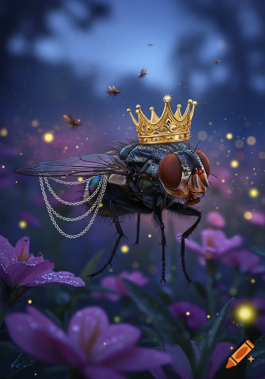 Close-up of a fly wearing a golden crown and silver chains, hovering above purple flowers with glowing particles.