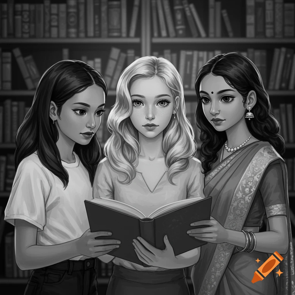 Black and white illustration of three cartoon-style girls reading an open book in a library, surrounded by bookshelves.