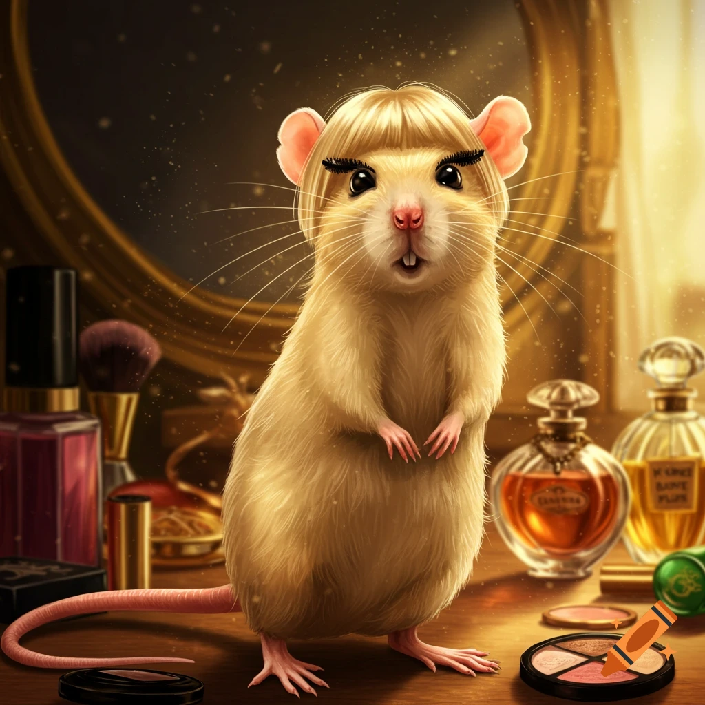 A photorealistic blonde rat wearing mascara and bangs sits at a vanity table with makeup and perfume bottles.