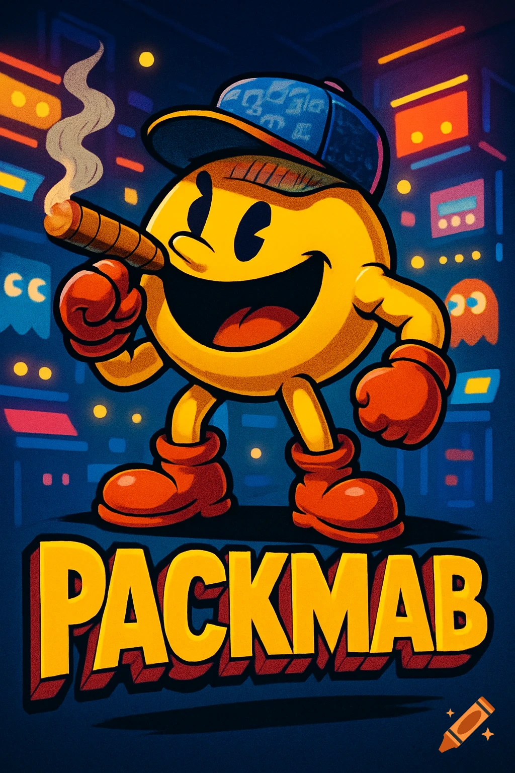 A cartoon Pac-Man character wearing a cap and red gloves, holding a cigar with smoke, stands in a neon-lit arcade city environment. Bold yellow and red text below reads 'PACKMAB'.