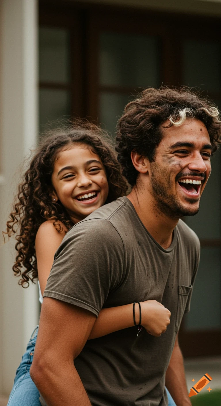 Man with dirt on his face gives a piggyback ride to a girl with curly hair, both laughing happily outdoors.