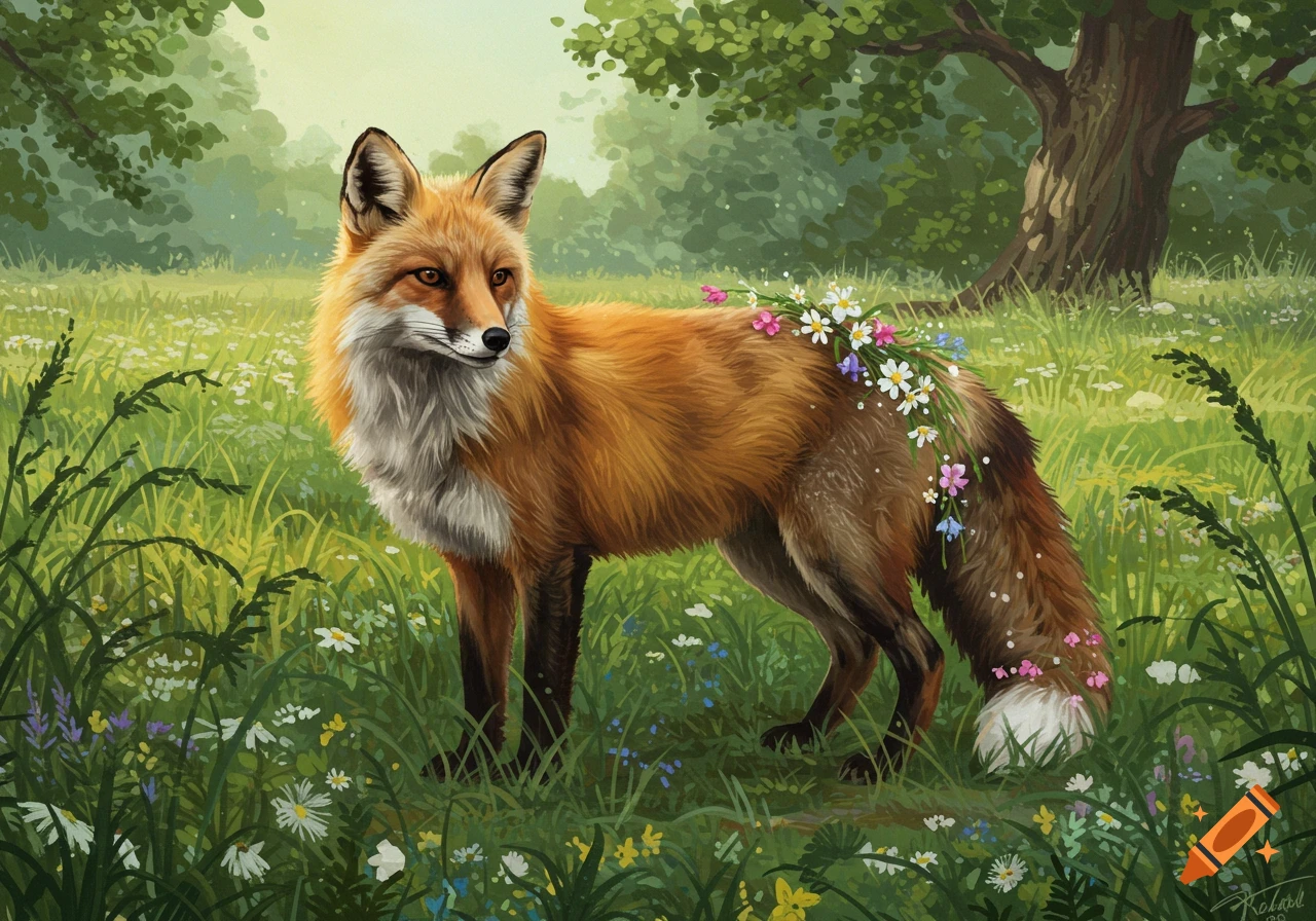 A vibrant illustration of a majestic red fox adorned with colorful flowers, standing in a lush green meadow with trees in the background.