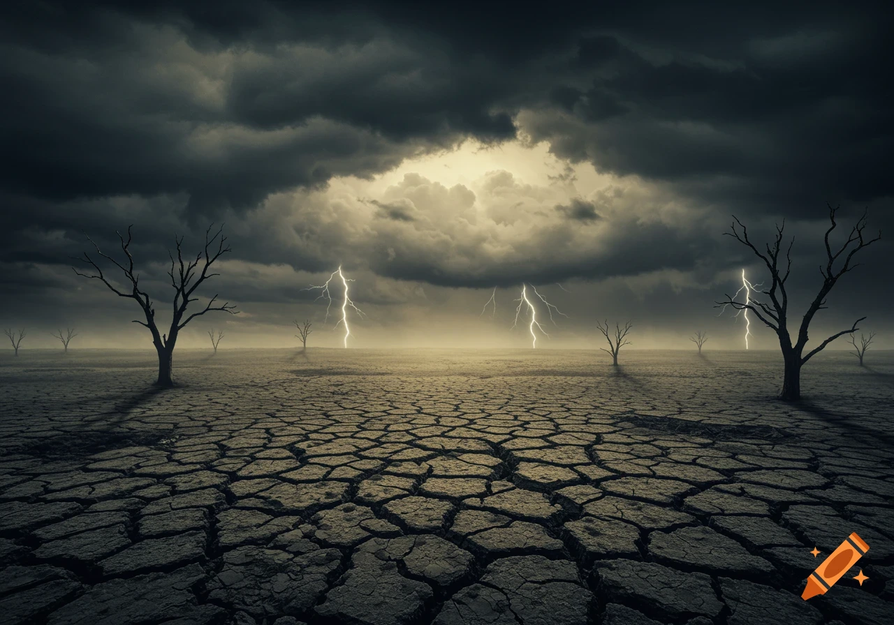 A desolate cracked desert landscape with bare trees under a dark, stormy sky, illuminated by lightning.