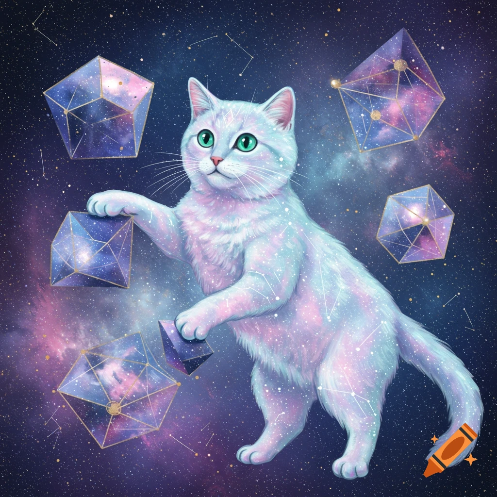 A cosmic white cat with green eyes plays with floating geometric shapes in a vibrant starry galaxy.