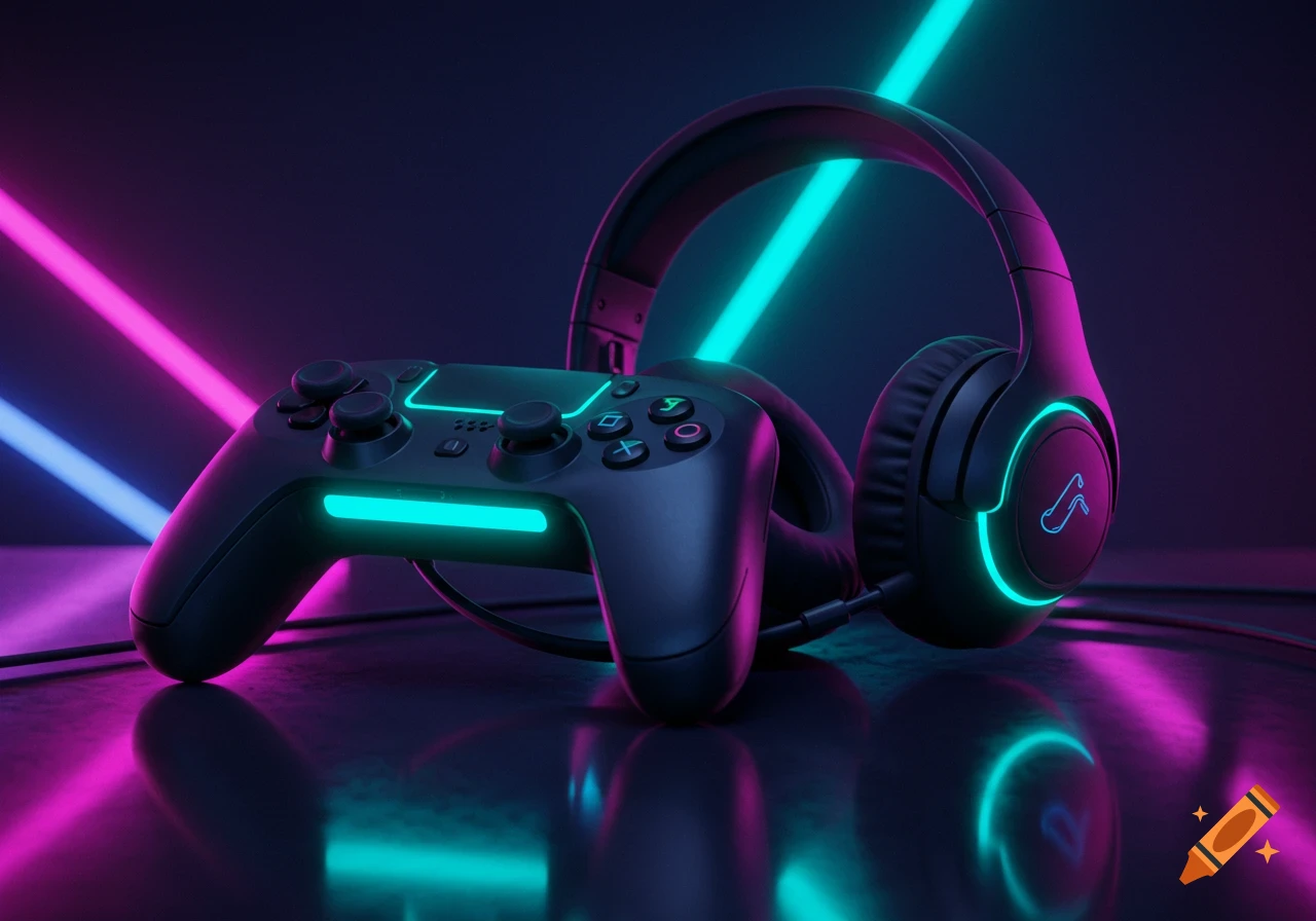 A gaming controller and headphones with neon pink and cyan lights, reflecting on a dark surface.
