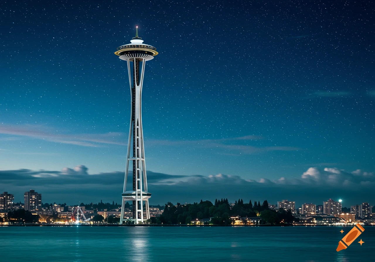 The Space Needle in Seattle illuminated at night, towering over a cityscape and water under a starry sky.