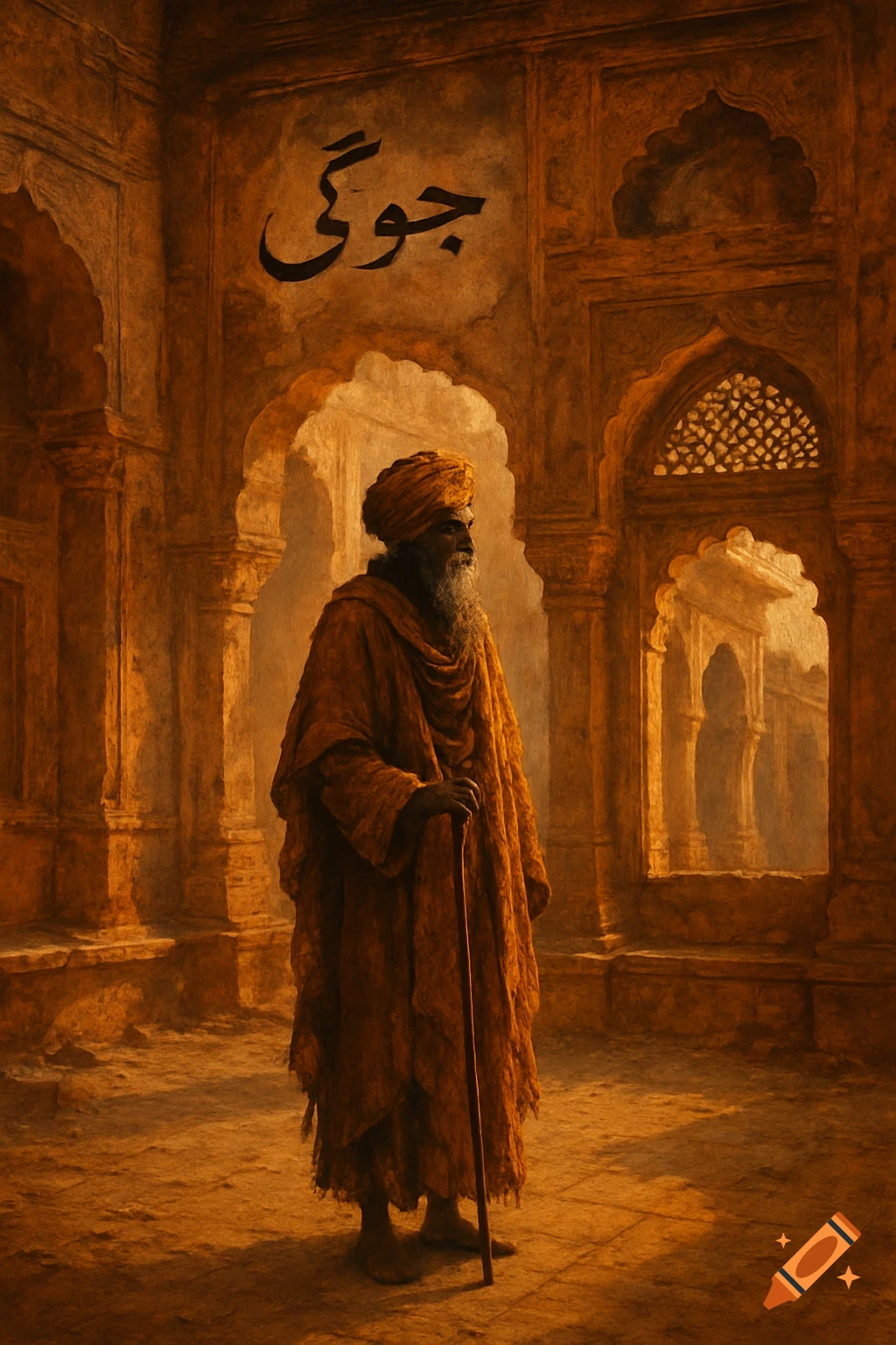 An old man in a turban and robes stands with a staff in ancient, ruined architecture, with text 'جوگی' on the wall above.