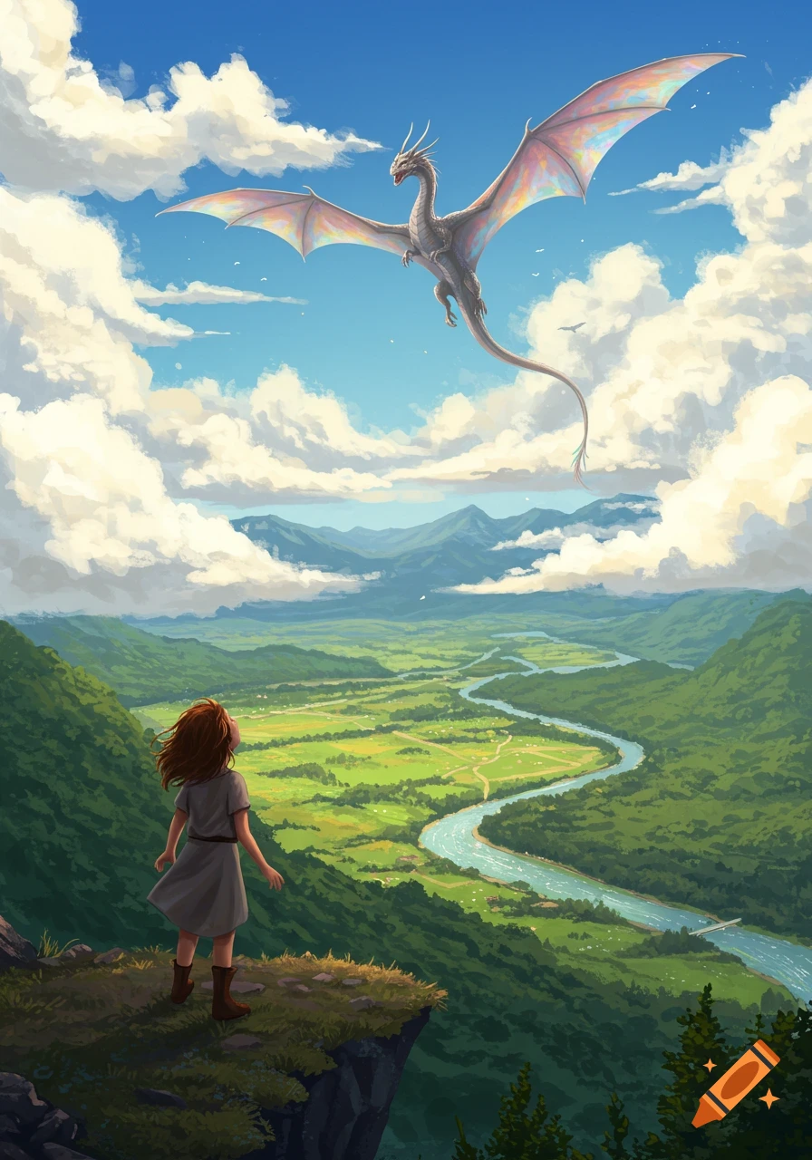 A girl watches a white dragon with rainbow wings flying over a green valley with a winding river and mountains under a cloudy sky.
