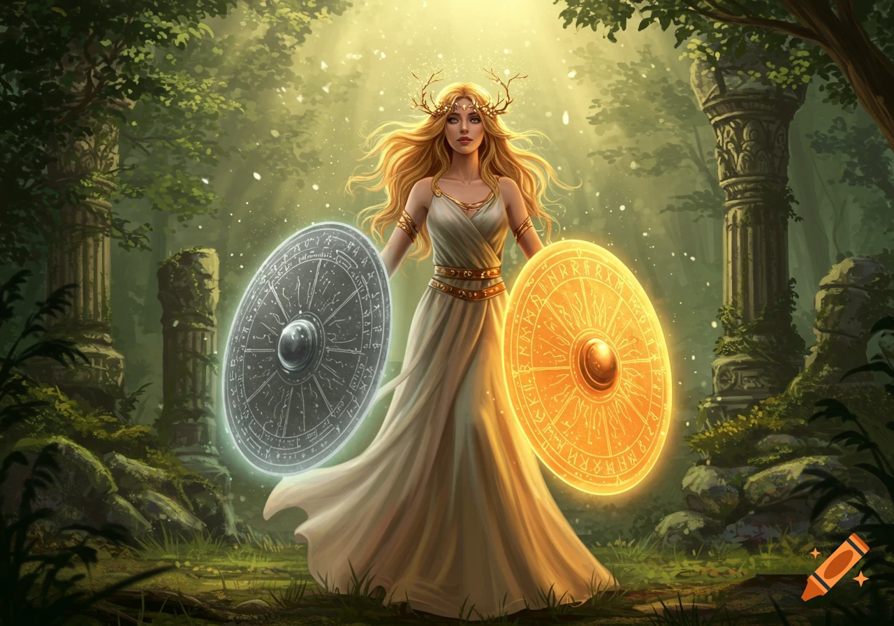 Blonde woman in ethereal dress holding glowing silver and gold shields in a forest with ancient ruins.
