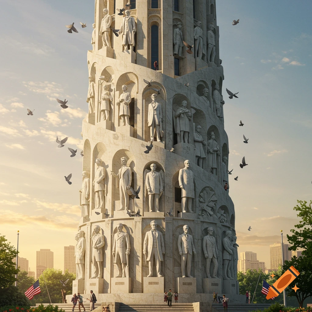 A tall, spiraling white marble tower featuring numerous statues of US presidents, with people and US flags at its base under a sunny sky.