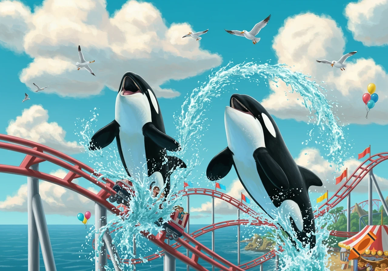 Two whimsical orca whales jump from splashing water on a red roller coaster over the ocean, with seagulls flying under a blue sky.