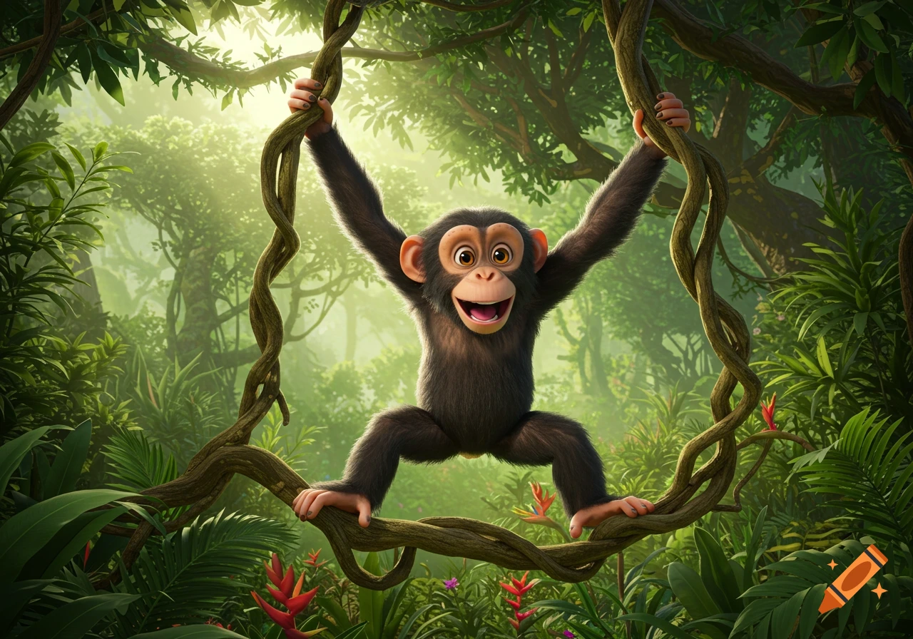 A happy cartoon chimpanzee swinging on a vine in a lush green jungle.