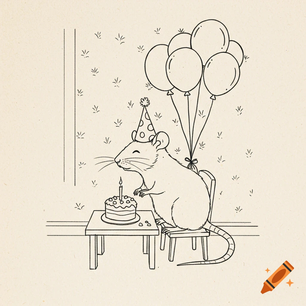 A black and white line drawing of a cheerful rat in a party hat, sitting at a table with a birthday cake and balloons.