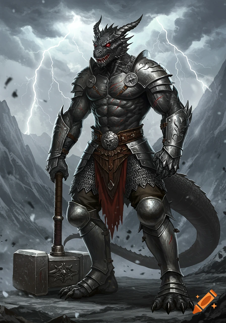 Dragonborn warrior in silver chainmail armor with a warhammer standing in mountains with lightning.