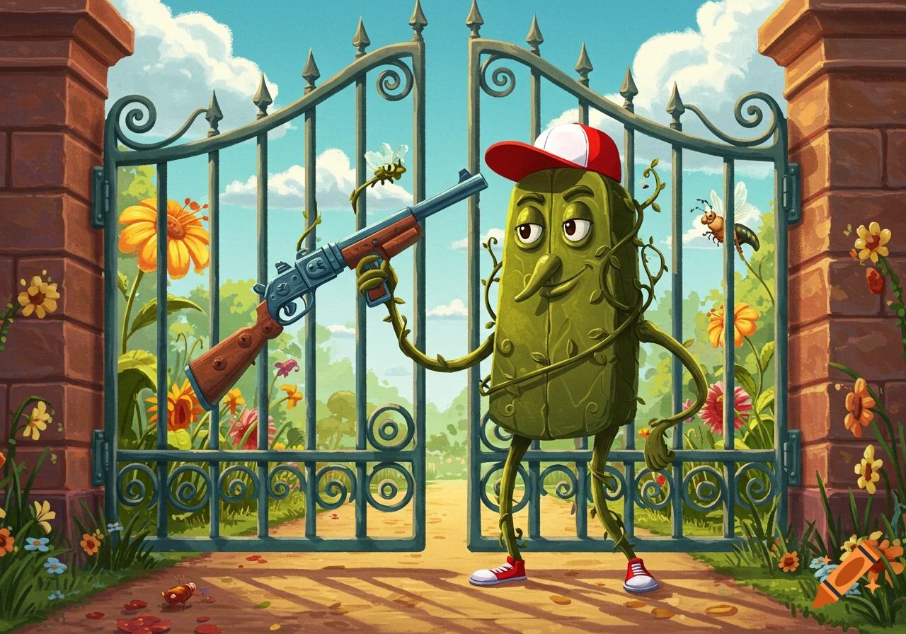 A cartoon pickle-like character wearing a baseball cap stands at an open ornate gate, holding a shotgun in a vibrant garden.