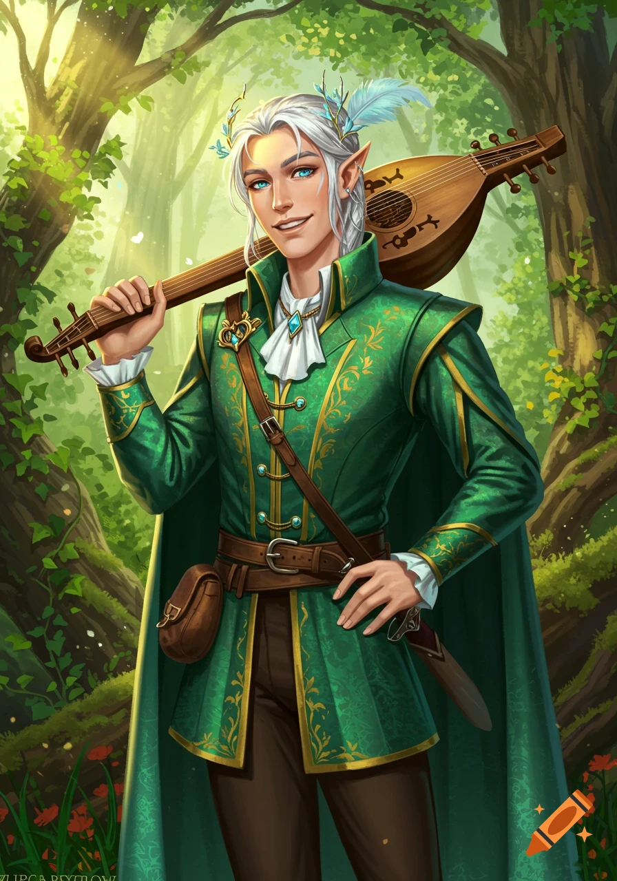 A smiling male elf bard in a green and gold outfit holds a lute over his shoulder in a sunny fantasy forest.