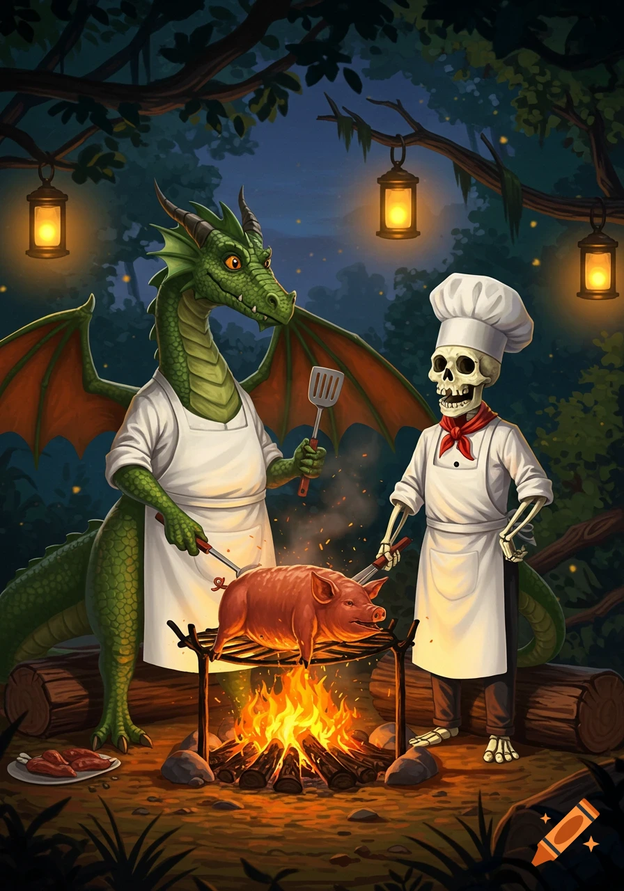 A cartoon green dragon and a skeleton wearing chef hats and aprons roast a pig over a campfire in a dark forest lit by lanterns.