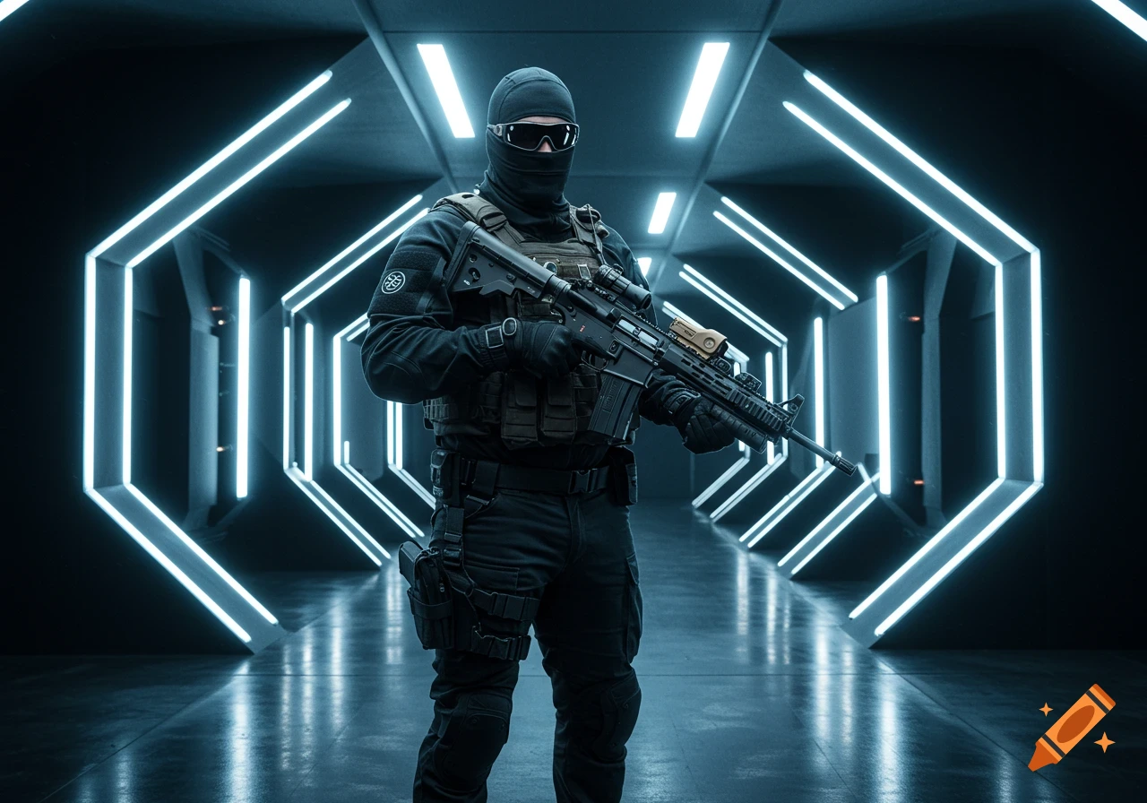 Man in black tactical gear holding a rifle in a futuristic hallway with neon lights.