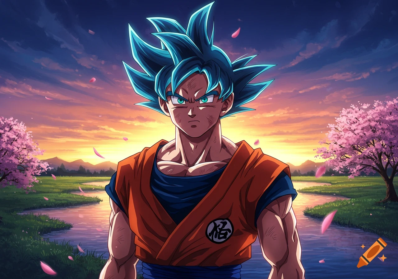 Goku with blue hair and orange gi stands by a river with cherry blossoms at sunset in an anime style.